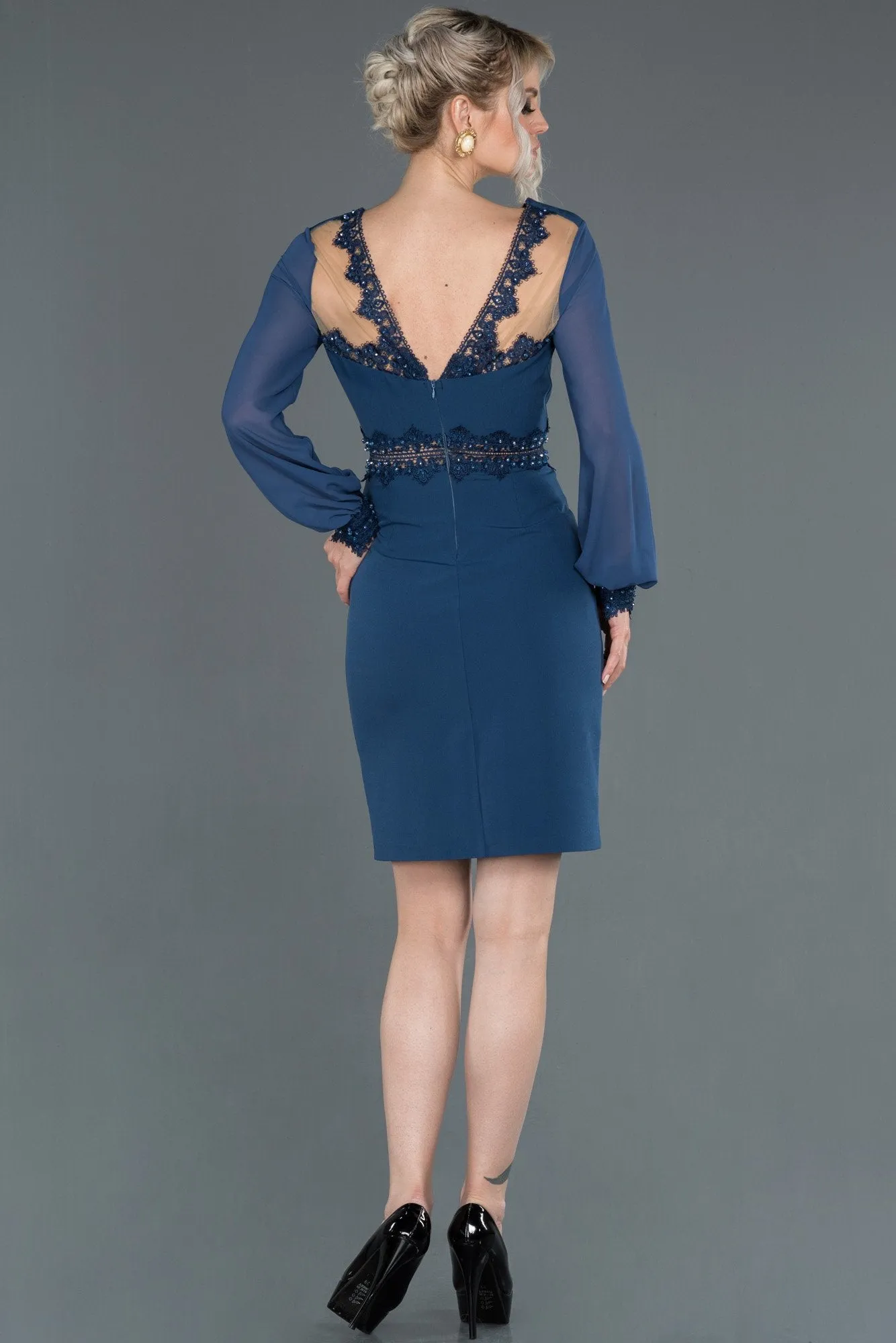 16943 Blue Transparent Waist Pencil Dress