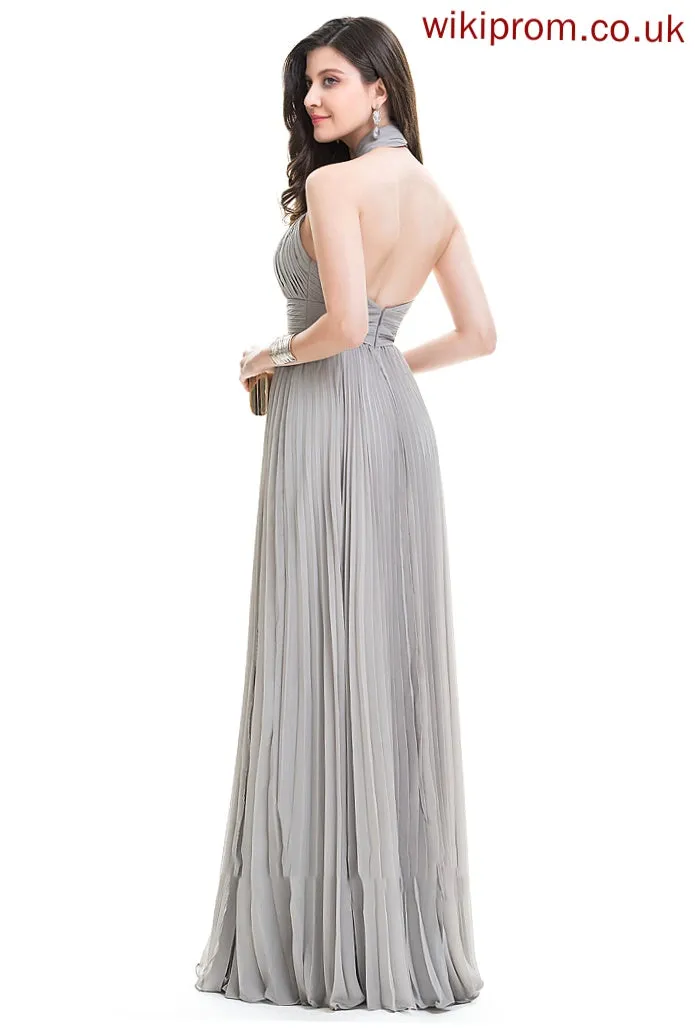 A-Line Prom Dresses With Front Pleated Jaelyn Chiffon Split Halter Floor-Length