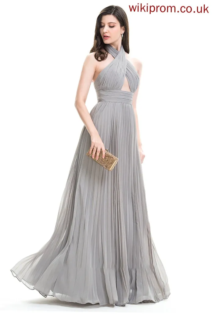 A-Line Prom Dresses With Front Pleated Jaelyn Chiffon Split Halter Floor-Length