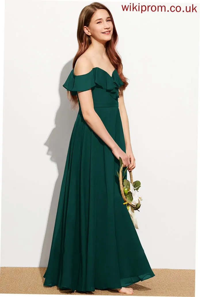 A-Line Quintina Off-the-Shoulder With Chiffon Floor-Length Junior Bridesmaid Dresses Ruffles Cascading