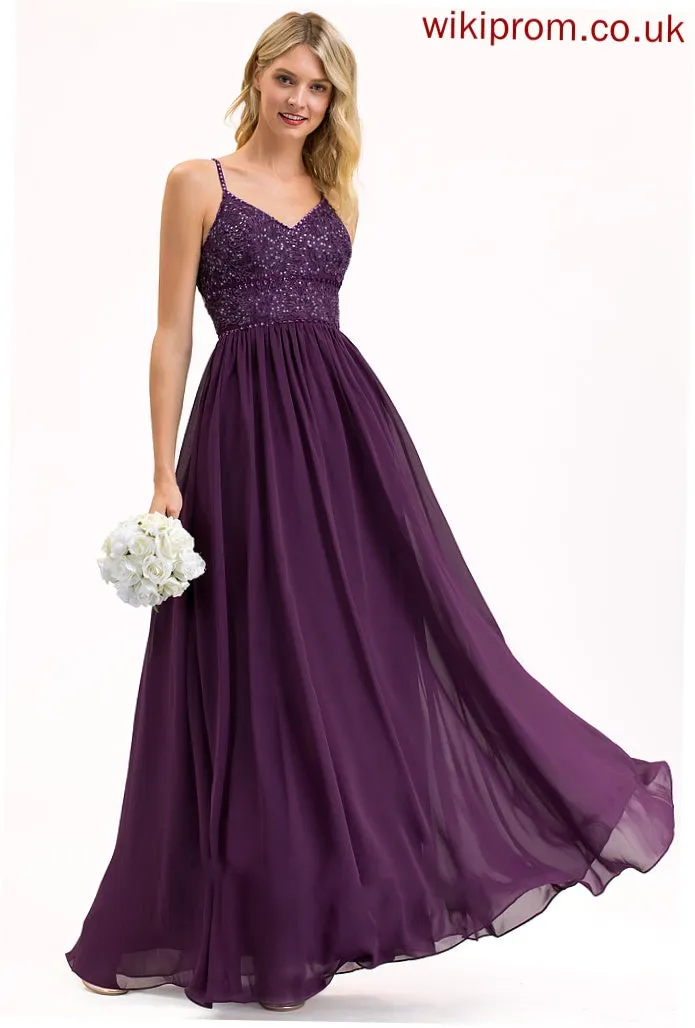 A-Line Sequins Beading Embellishment Fabric Silhouette Length Floor-Length Neckline V-neck Azul Floor Length Bridesmaid Dresses