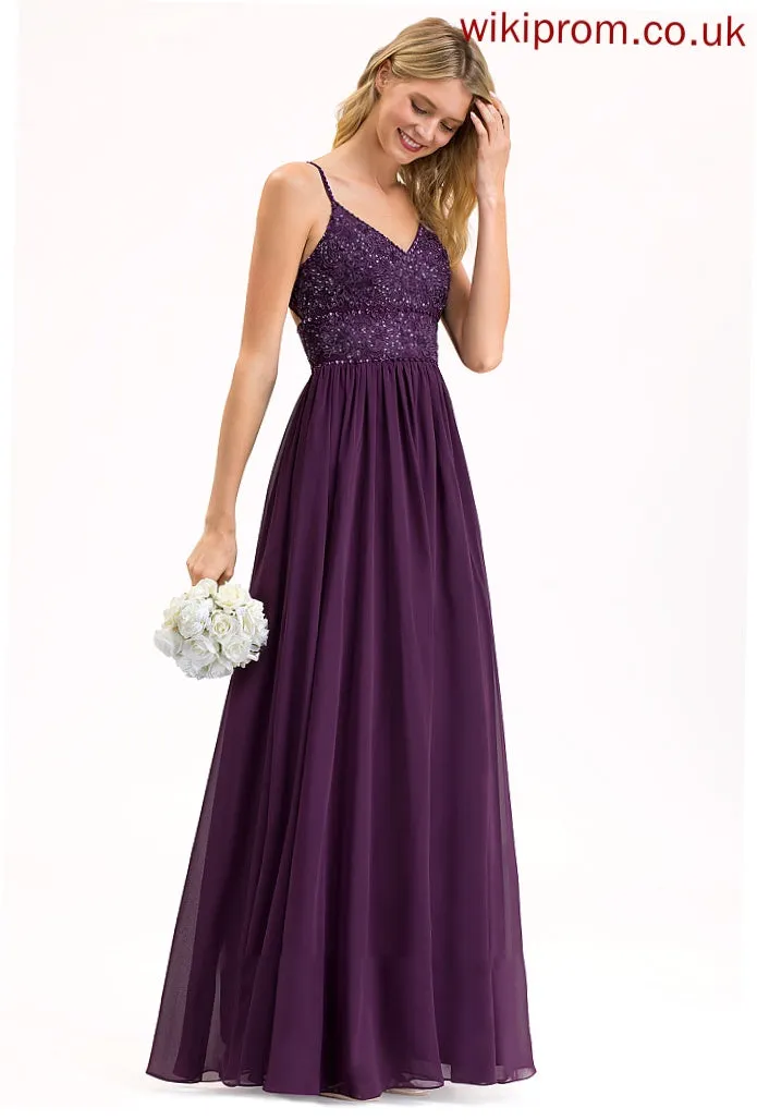 A-Line Sequins Beading Embellishment Fabric Silhouette Length Floor-Length Neckline V-neck Azul Floor Length Bridesmaid Dresses