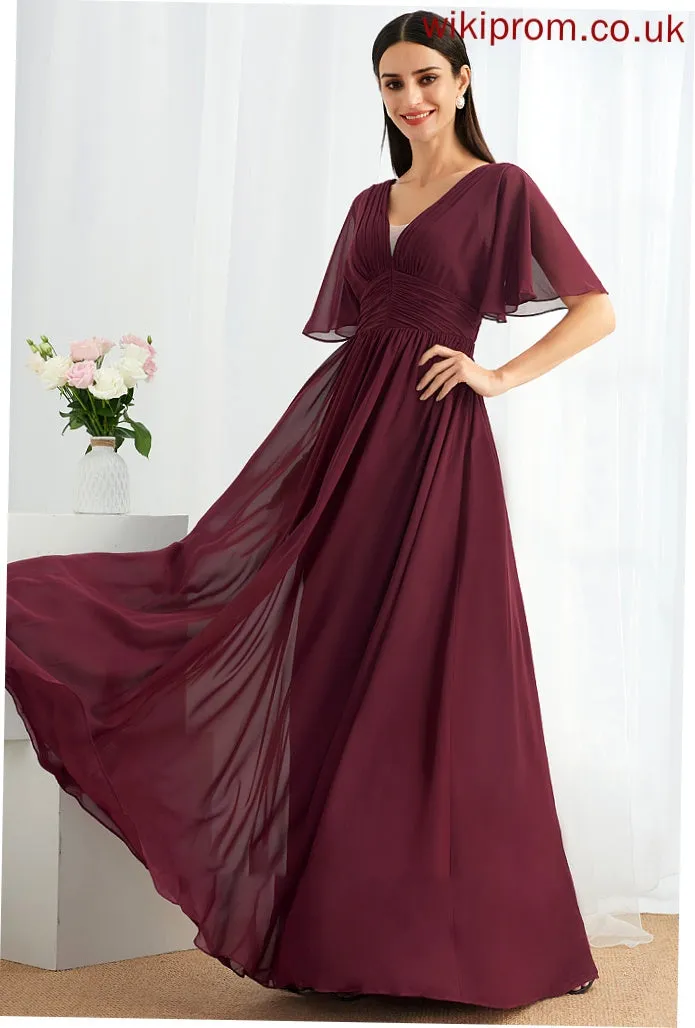 A-Line Silhouette Length Fabric Embellishment Ruffle Floor-Length V-neck Neckline Kadence A-Line/Princess Natural Waist Bridesmaid Dresses