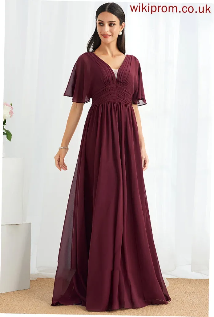 A-Line Silhouette Length Fabric Embellishment Ruffle Floor-Length V-neck Neckline Kadence A-Line/Princess Natural Waist Bridesmaid Dresses