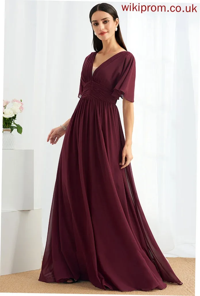 A-Line Silhouette Length Fabric Embellishment Ruffle Floor-Length V-neck Neckline Kadence A-Line/Princess Natural Waist Bridesmaid Dresses