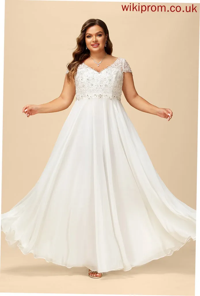 A-Line V-neck Beading Wedding Dresses Sequins Chiffon Mila Dress With Floor-Length Lace Wedding