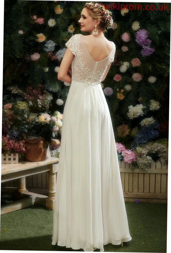 A-Line V-neck Beading Wedding Dresses Sequins Chiffon Mila Dress With Floor-Length Lace Wedding