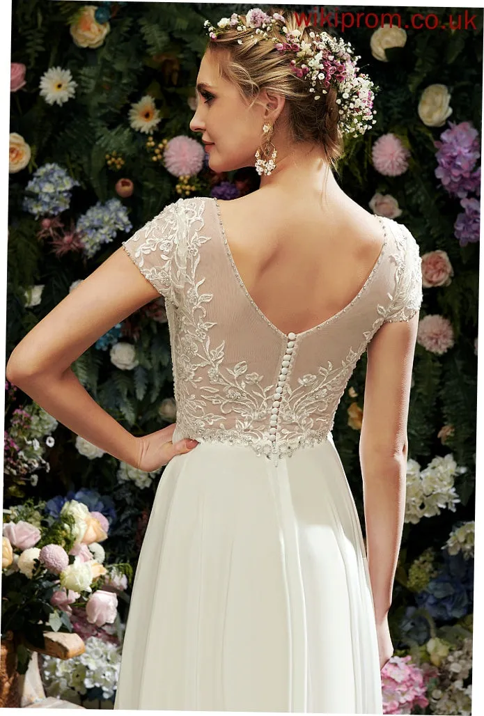 A-Line V-neck Beading Wedding Dresses Sequins Chiffon Mila Dress With Floor-Length Lace Wedding