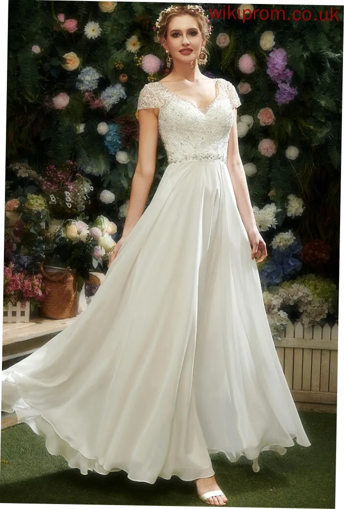 A-Line V-neck Beading Wedding Dresses Sequins Chiffon Mila Dress With Floor-Length Lace Wedding