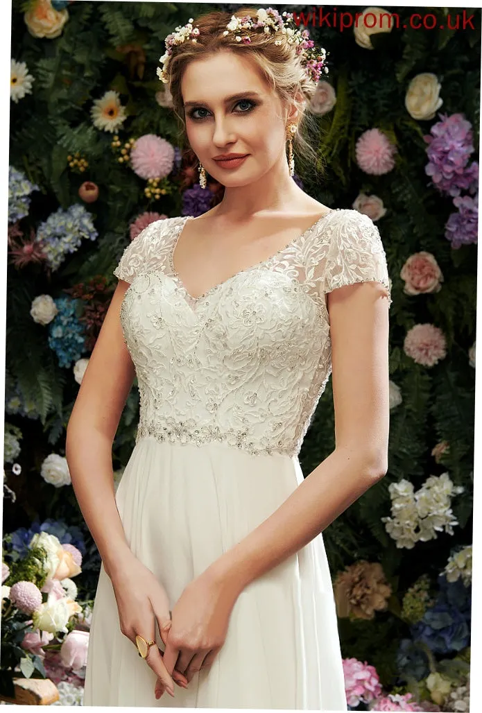 A-Line V-neck Beading Wedding Dresses Sequins Chiffon Mila Dress With Floor-Length Lace Wedding