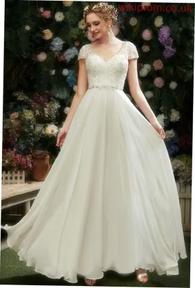 A-Line V-neck Beading Wedding Dresses Sequins Chiffon Mila Dress With Floor-Length Lace Wedding