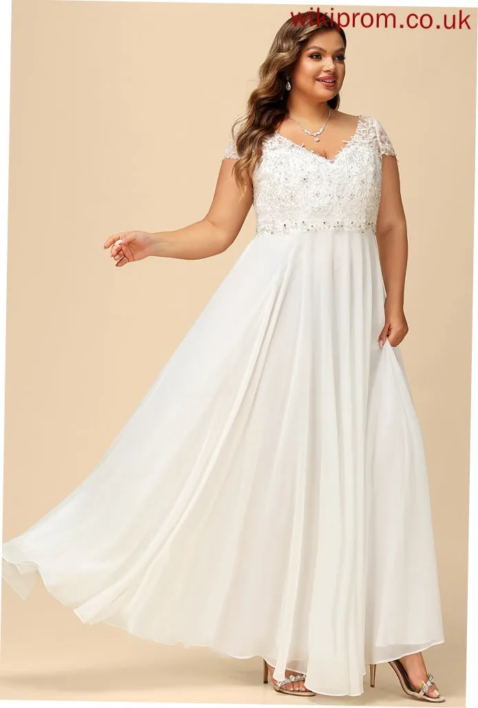 A-Line V-neck Beading Wedding Dresses Sequins Chiffon Mila Dress With Floor-Length Lace Wedding