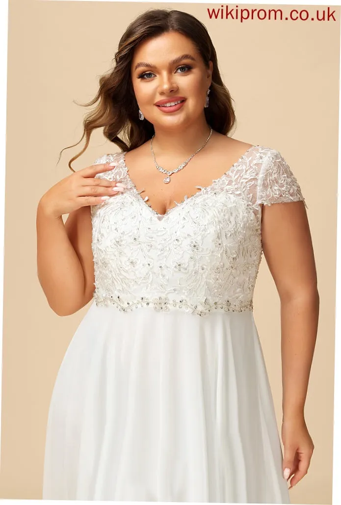 A-Line V-neck Beading Wedding Dresses Sequins Chiffon Mila Dress With Floor-Length Lace Wedding