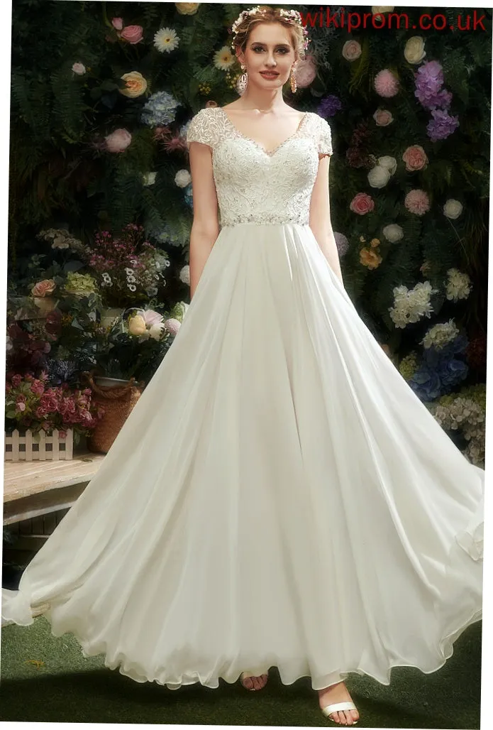 A-Line V-neck Beading Wedding Dresses Sequins Chiffon Mila Dress With Floor-Length Lace Wedding