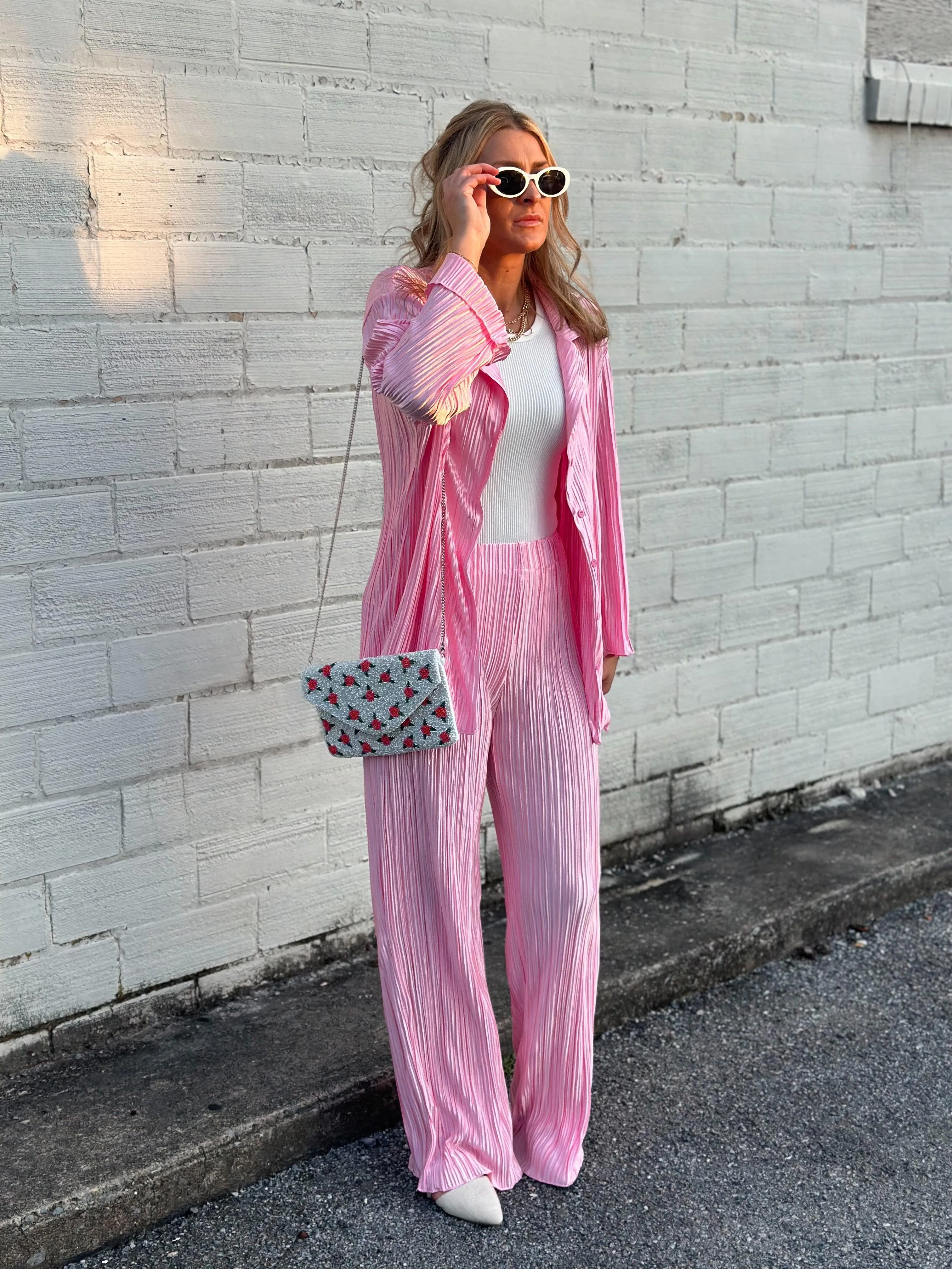 Baby Pink Pleated Slinky Blouse & Trouser Pants Set