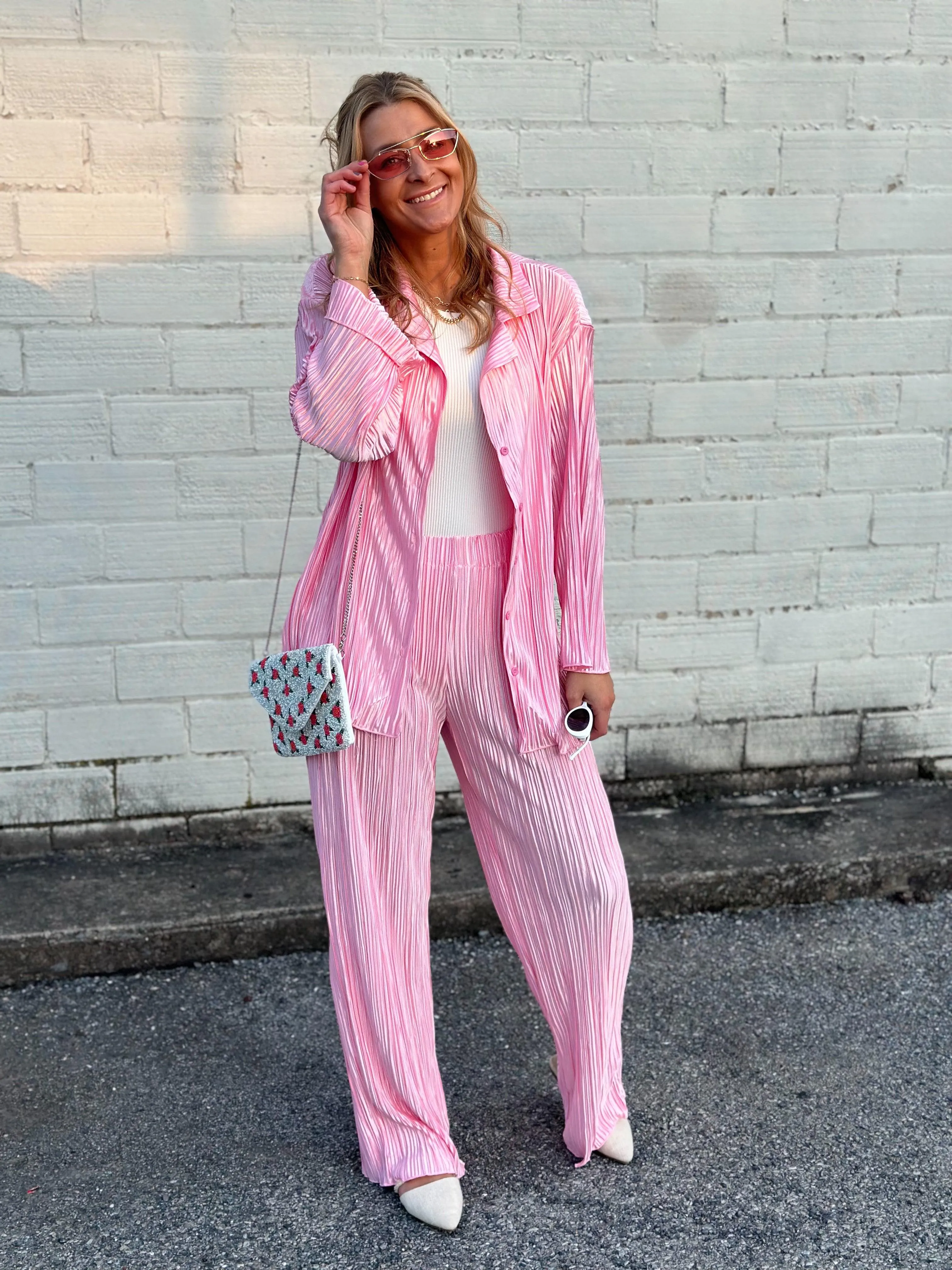 Baby Pink Pleated Slinky Blouse & Trouser Pants Set