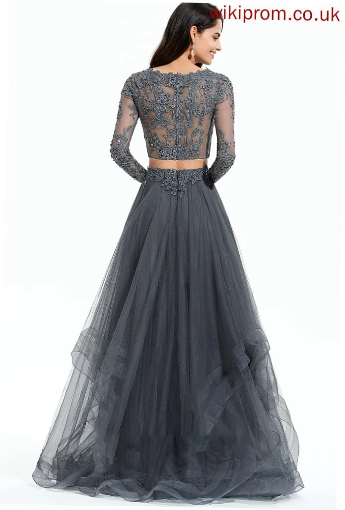 Ball-Gown/Princess Beading Floor-Length Neck With Prom Dresses Grace Sequins Tulle Scoop