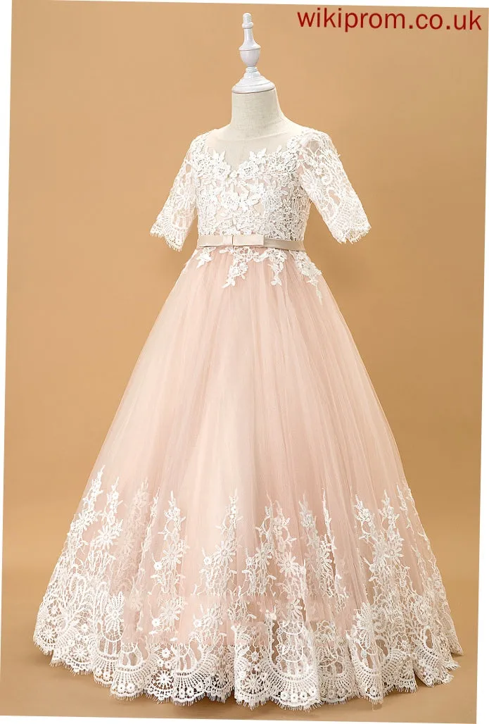 Ball-Gown/Princess Dress Neck Tulle/Lace Bow(s) Girl Minnie Sleeves With - Flower Girl Dresses 1/2 Scoop Floor-length Flower