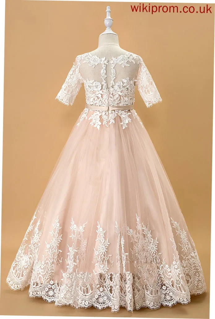 Ball-Gown/Princess Dress Neck Tulle/Lace Bow(s) Girl Minnie Sleeves With - Flower Girl Dresses 1/2 Scoop Floor-length Flower