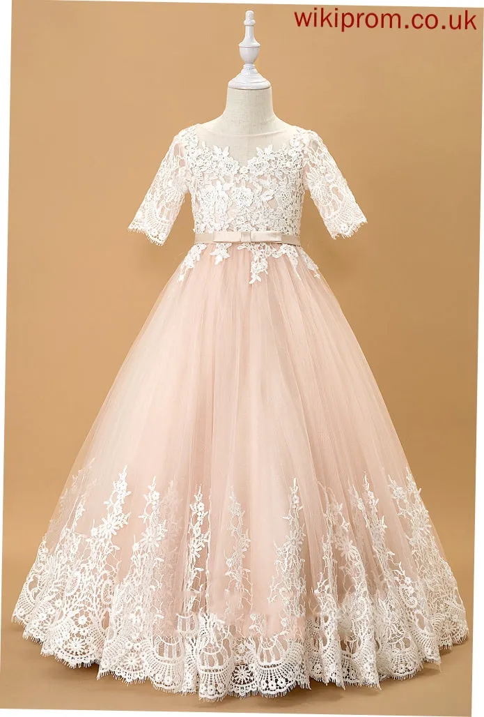 Ball-Gown/Princess Dress Neck Tulle/Lace Bow(s) Girl Minnie Sleeves With - Flower Girl Dresses 1/2 Scoop Floor-length Flower