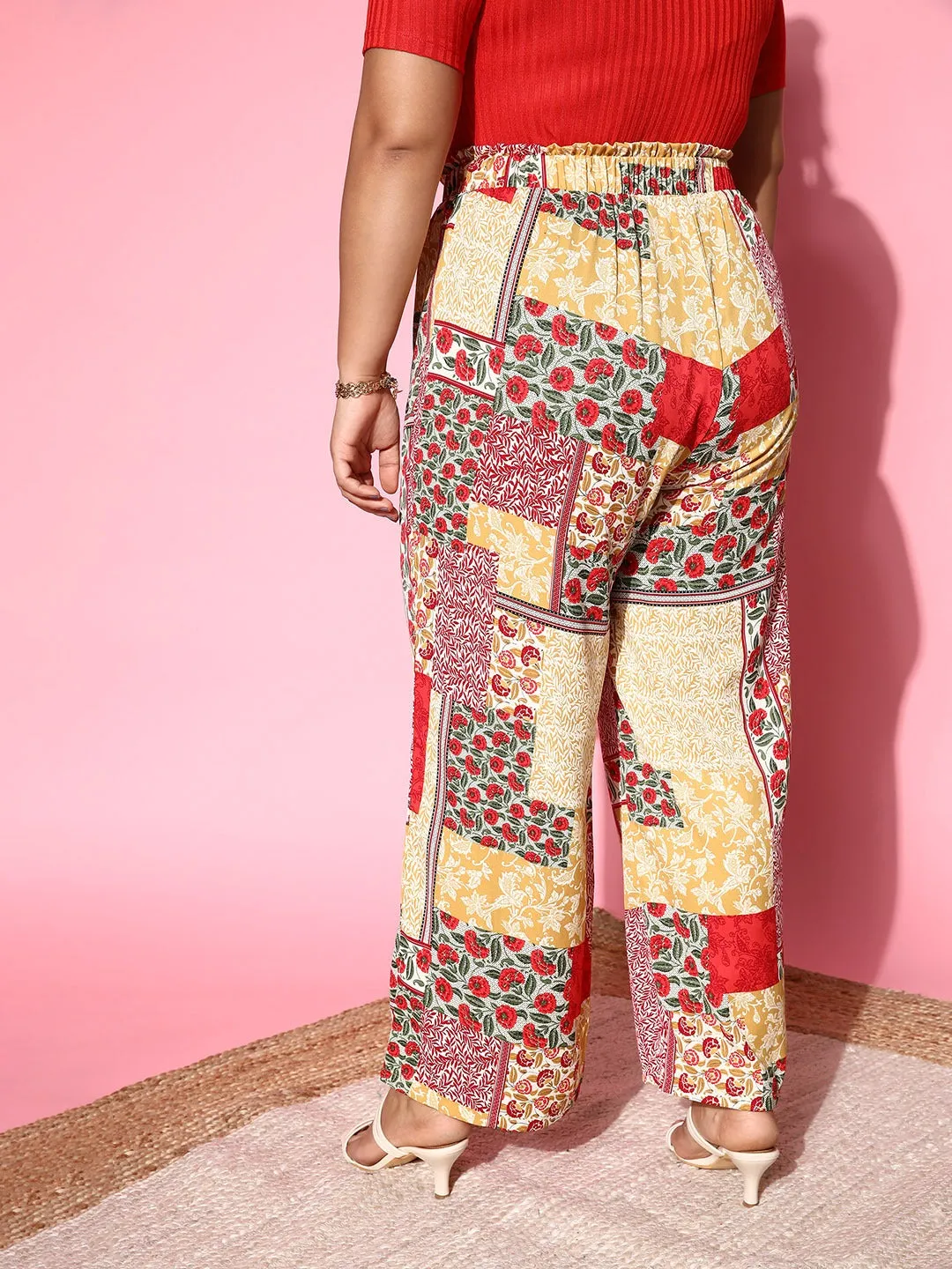 Berrylush Women Plus Size Red Ethnic Motifs Printed High-Rise Waist Pleated Roman Column Trousers