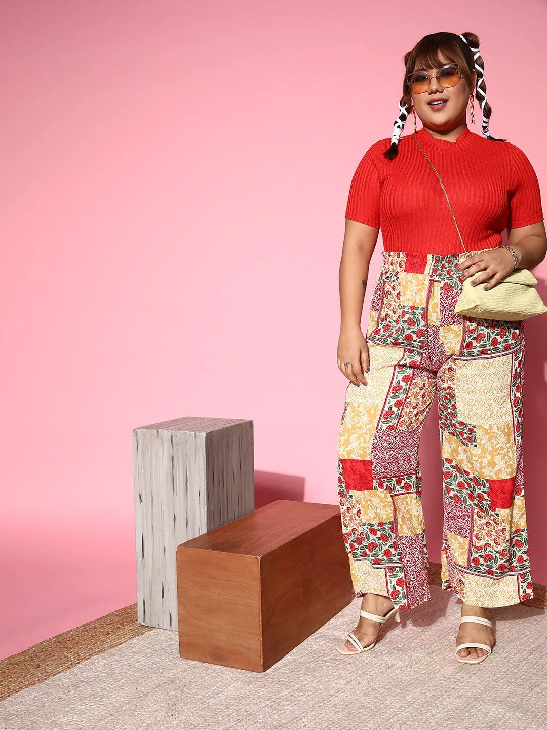 Berrylush Women Plus Size Red Ethnic Motifs Printed High-Rise Waist Pleated Roman Column Trousers