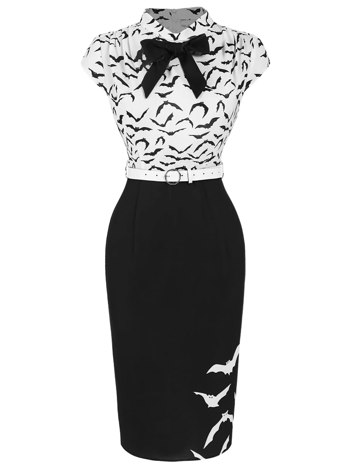 Black 1960s Bats Bow Lapel Pencil Dress