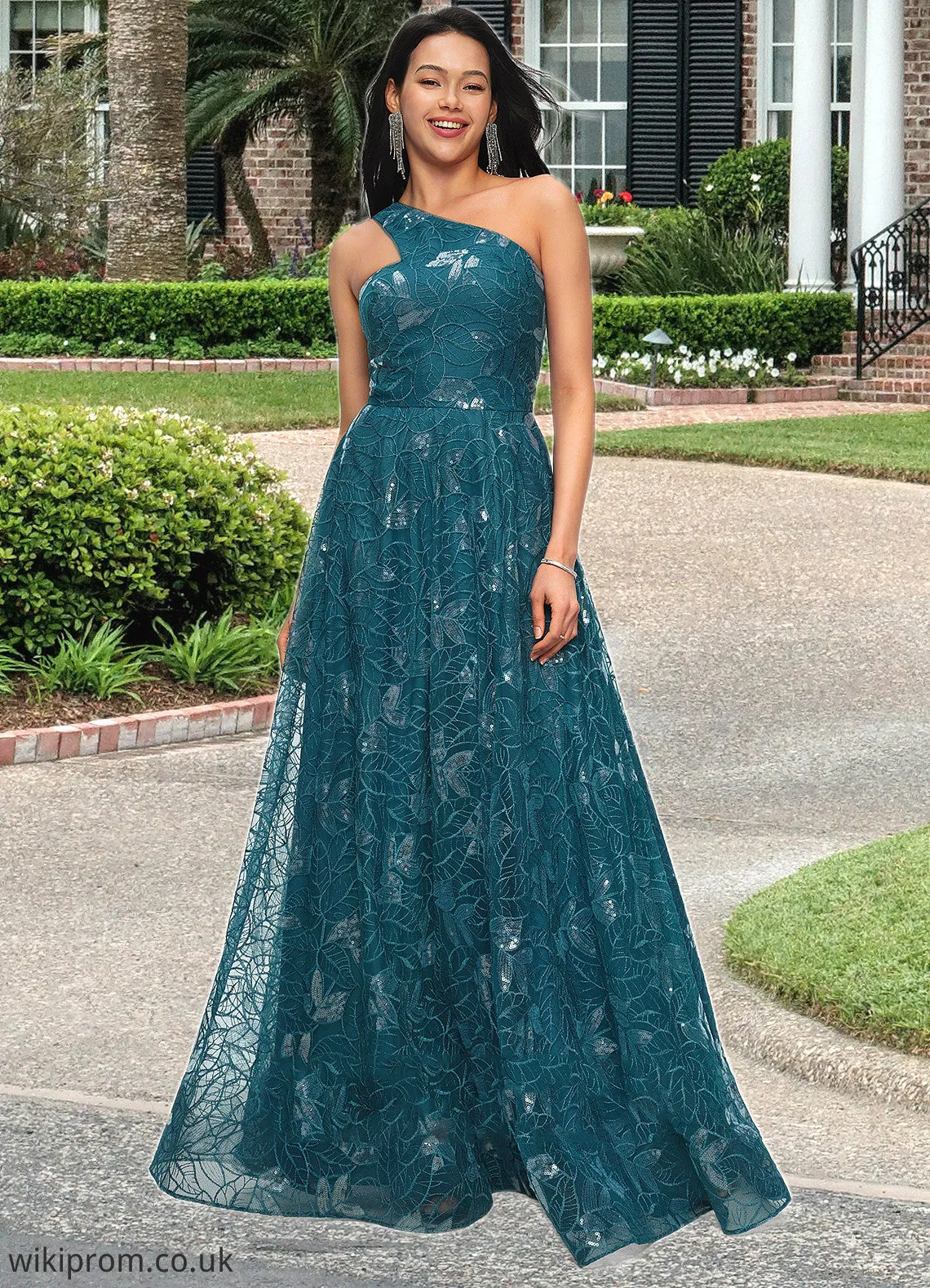 Cheryl A-line Asymmetrical Floor-Length Lace Prom Dresses With Sequins SWKP0022219