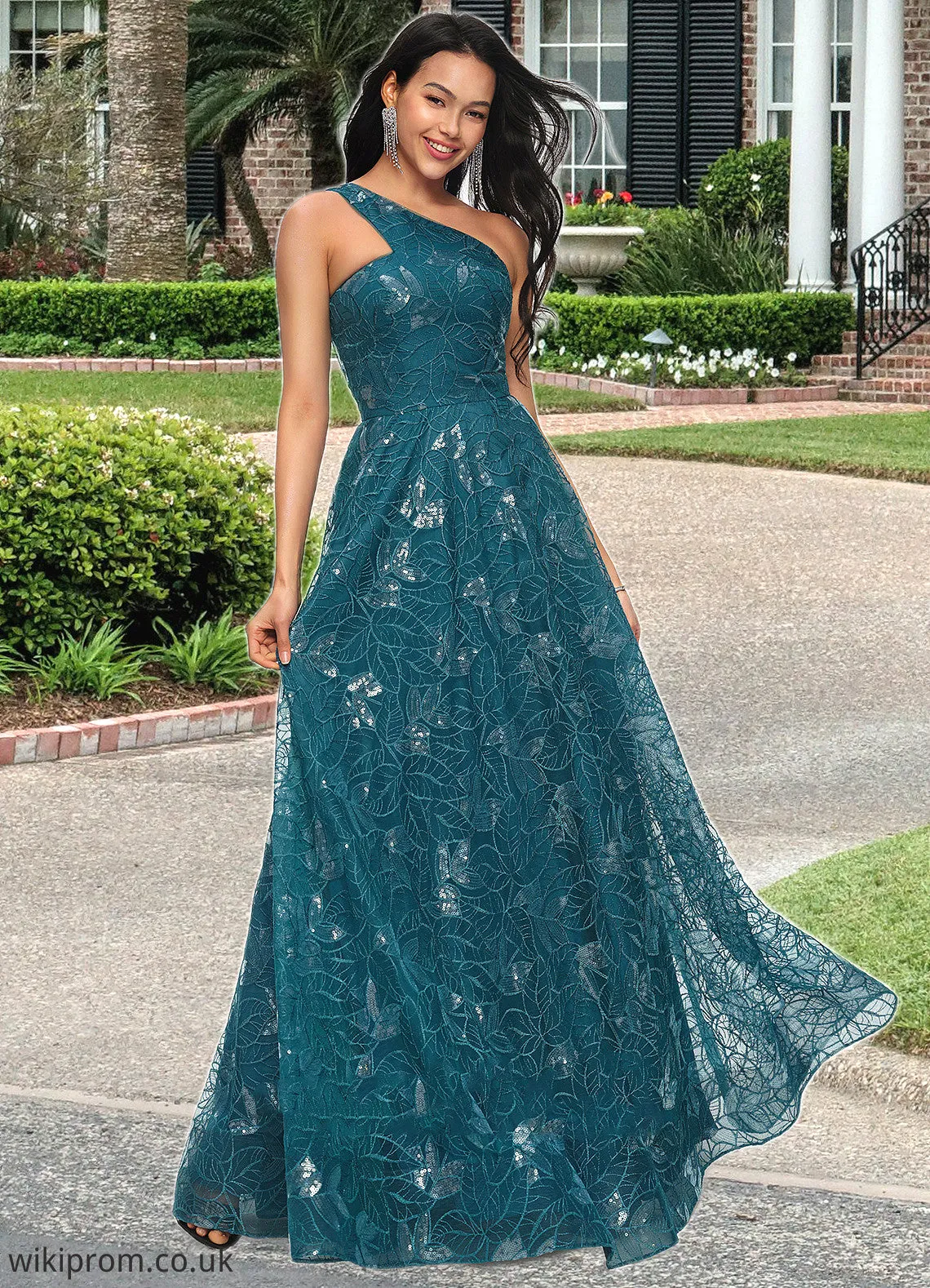 Cheryl A-line Asymmetrical Floor-Length Lace Prom Dresses With Sequins SWKP0022219