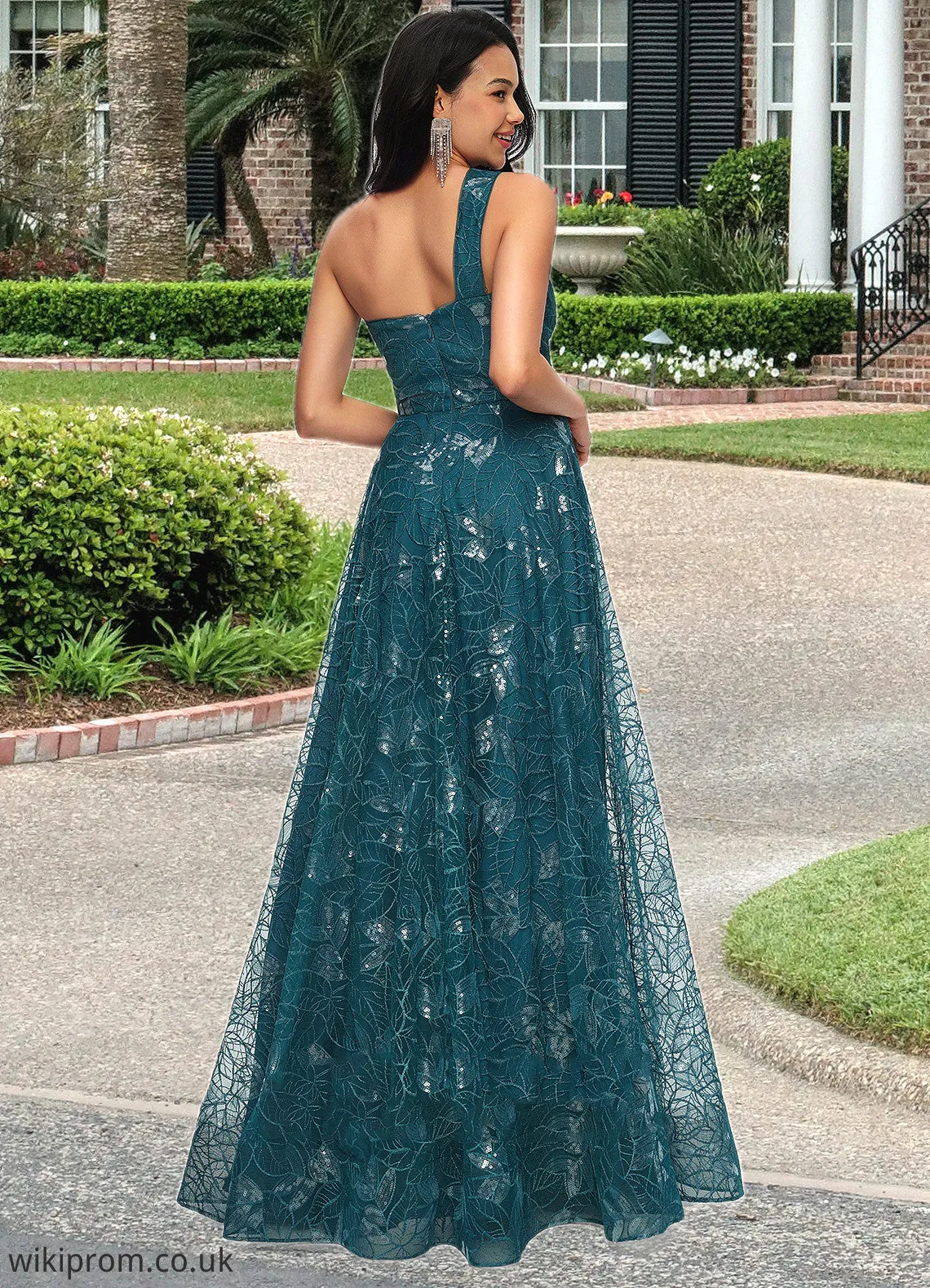 Cheryl A-line Asymmetrical Floor-Length Lace Prom Dresses With Sequins SWKP0022219