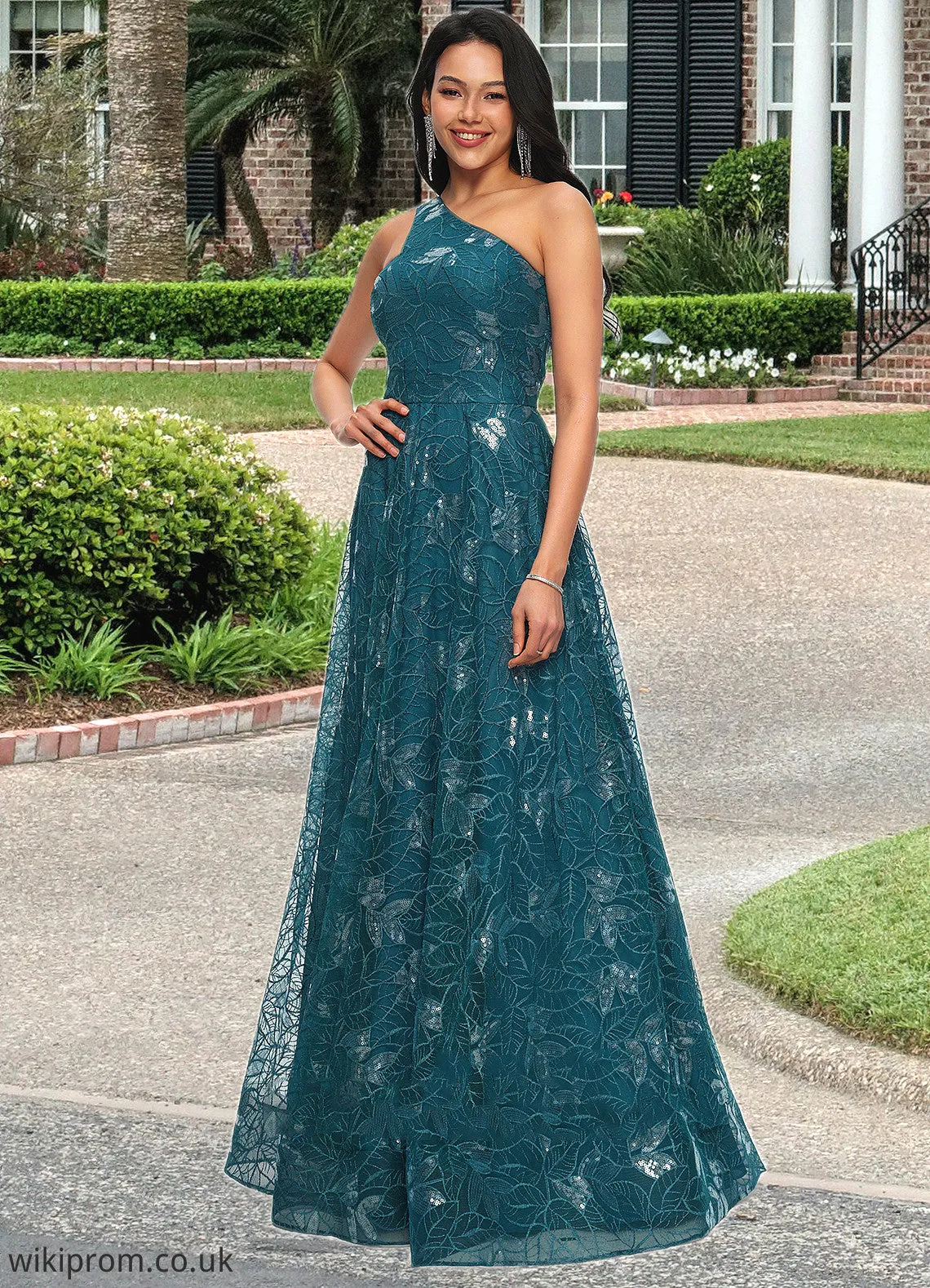 Cheryl A-line Asymmetrical Floor-Length Lace Prom Dresses With Sequins SWKP0022219