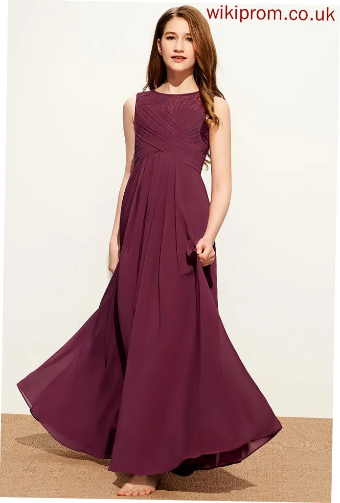 Chiffon Junior Bridesmaid Dresses Bow(s) Ruffle With Camryn Floor-Length Neck Scoop A-Line Lace