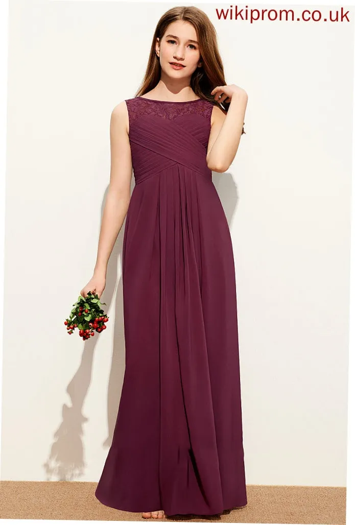 Chiffon Junior Bridesmaid Dresses Bow(s) Ruffle With Camryn Floor-Length Neck Scoop A-Line Lace