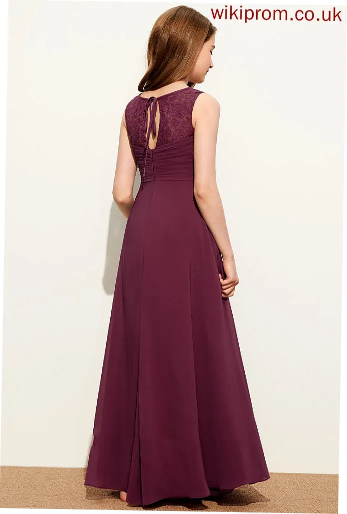 Chiffon Junior Bridesmaid Dresses Bow(s) Ruffle With Camryn Floor-Length Neck Scoop A-Line Lace