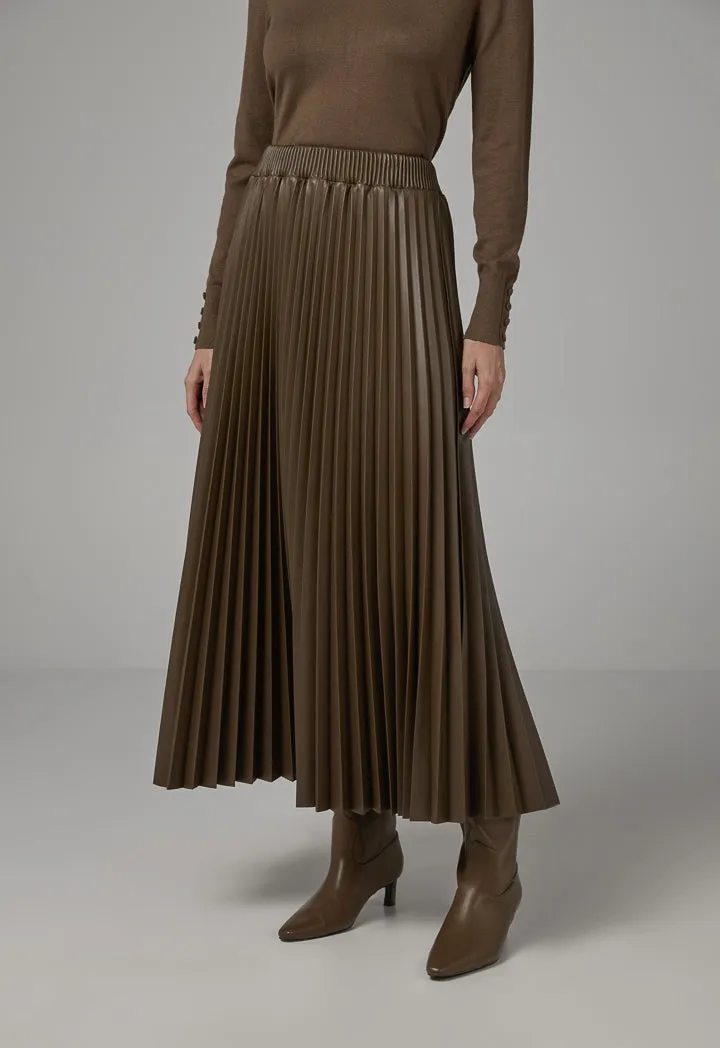 Choice Pleated Pu Leather Solid Skirt Brown