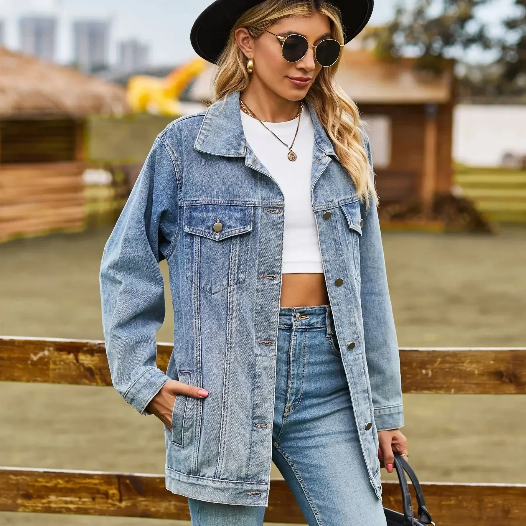 Classic Denim Jacket Women Fashion Loose Mid Length Jeans Casual Female Coat