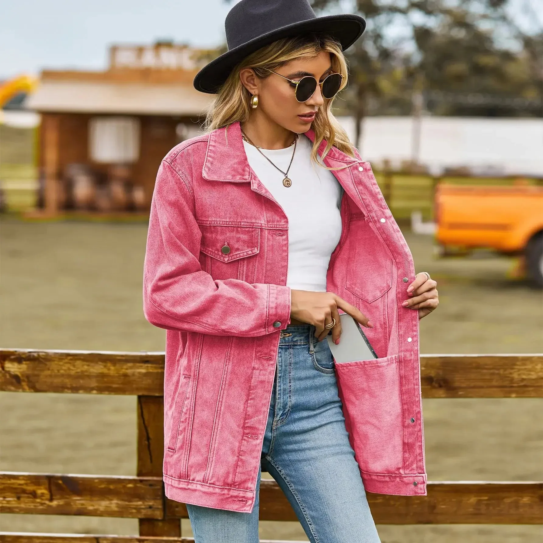 Classic Denim Jacket Women Fashion Loose Mid Length Jeans Casual Female Coat