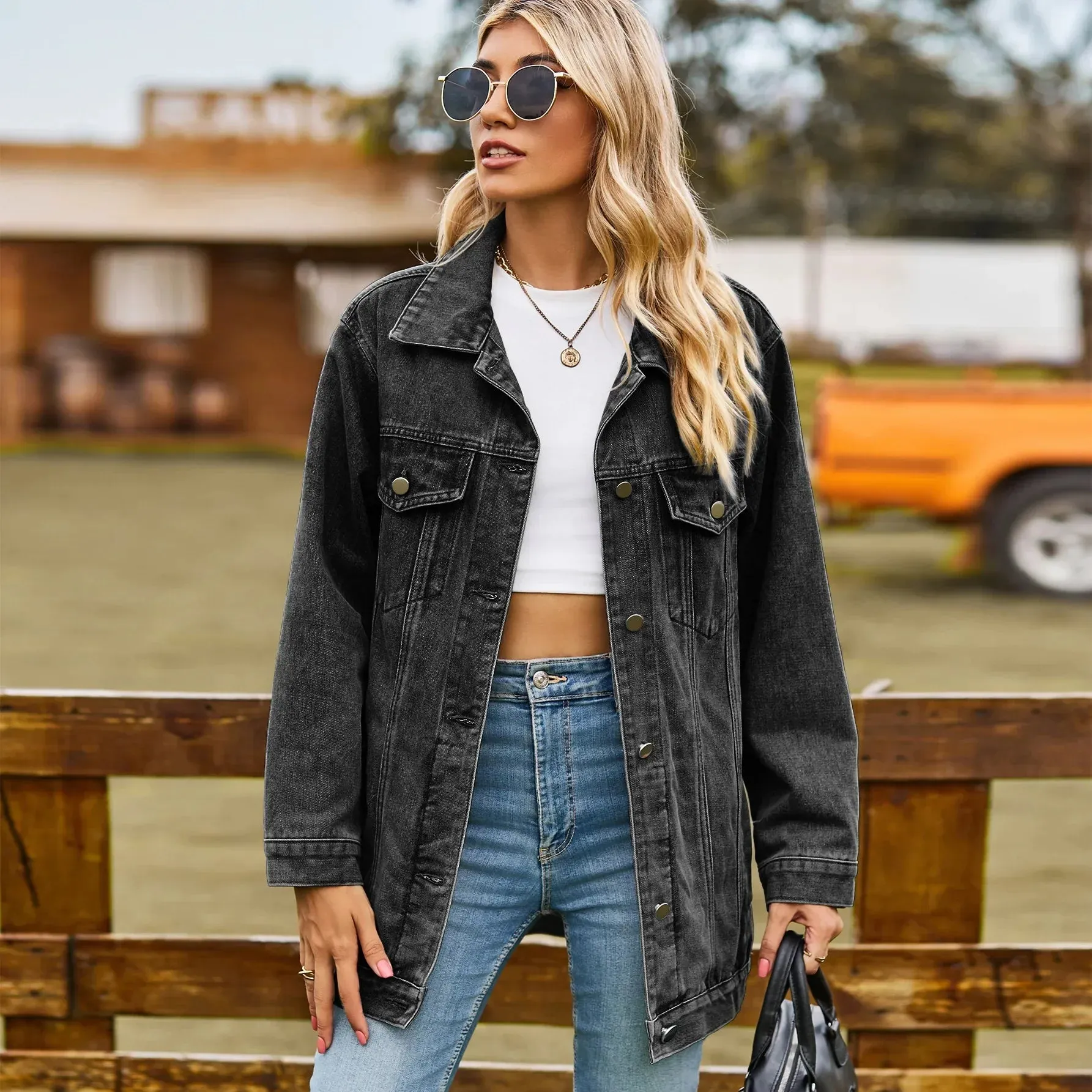 Classic Denim Jacket Women Fashion Loose Mid Length Jeans Casual Female Coat