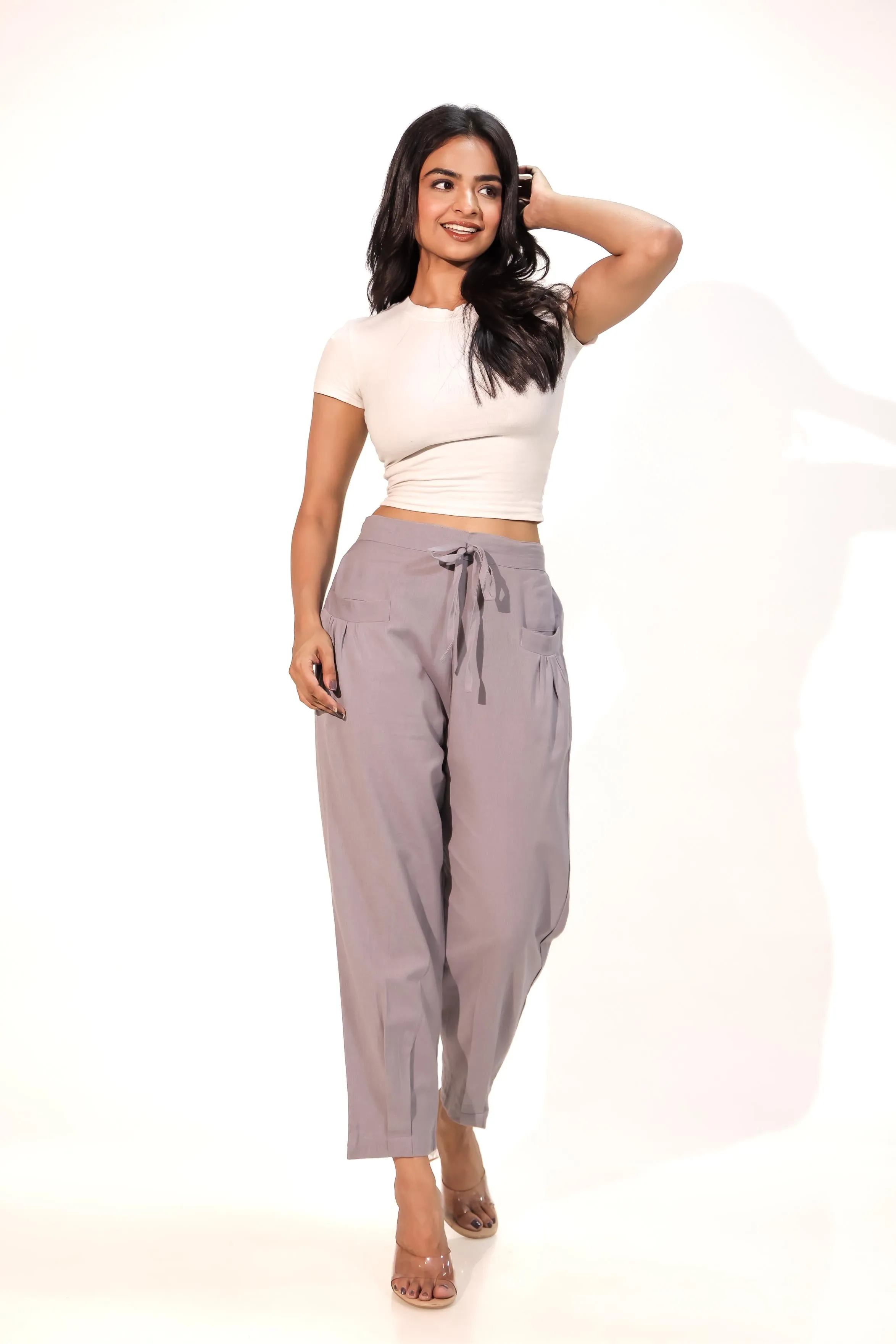 Dark Grey Women's Pleated-Narrow Trousers