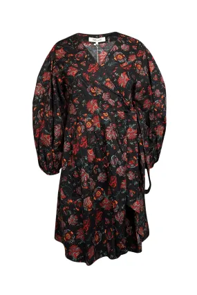 Diane von Furstenberg - Black w/ Red Floral Print Poplin Wrap Dress Sz 8