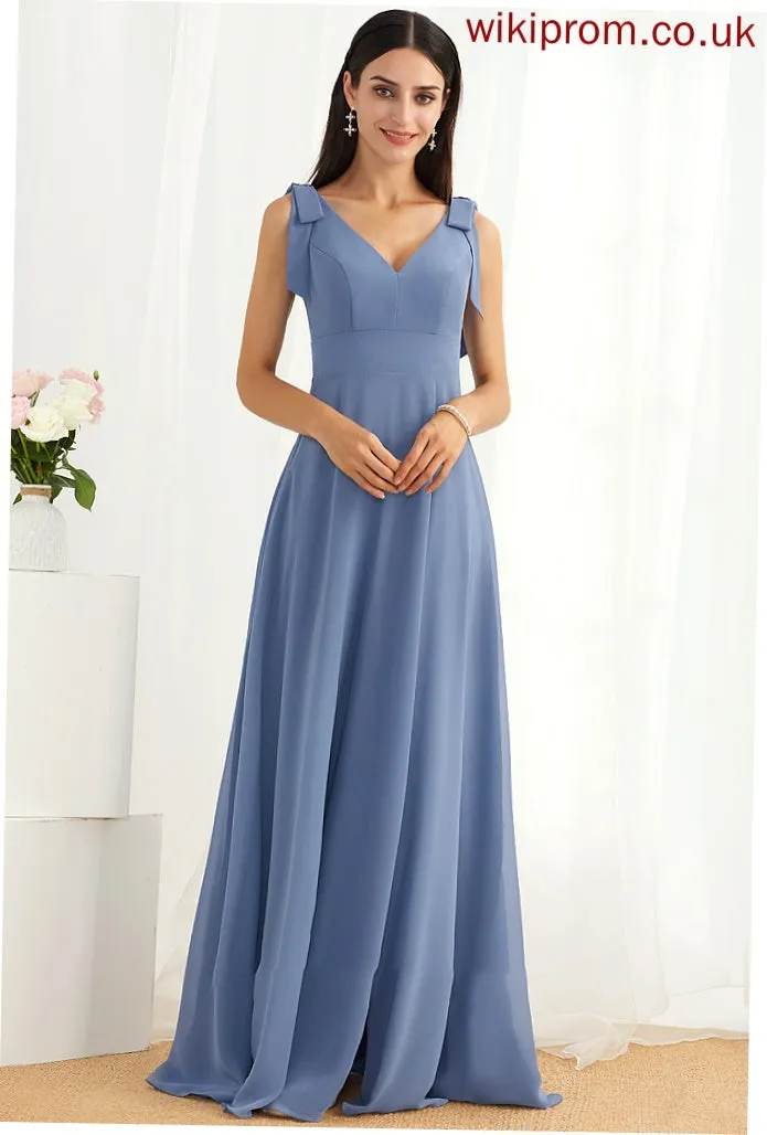 Embellishment Fabric Floor-Length Silhouette Length A-Line Neckline Bow(s) V-neck SplitFront Juliette Sleeveless Bridesmaid Dresses