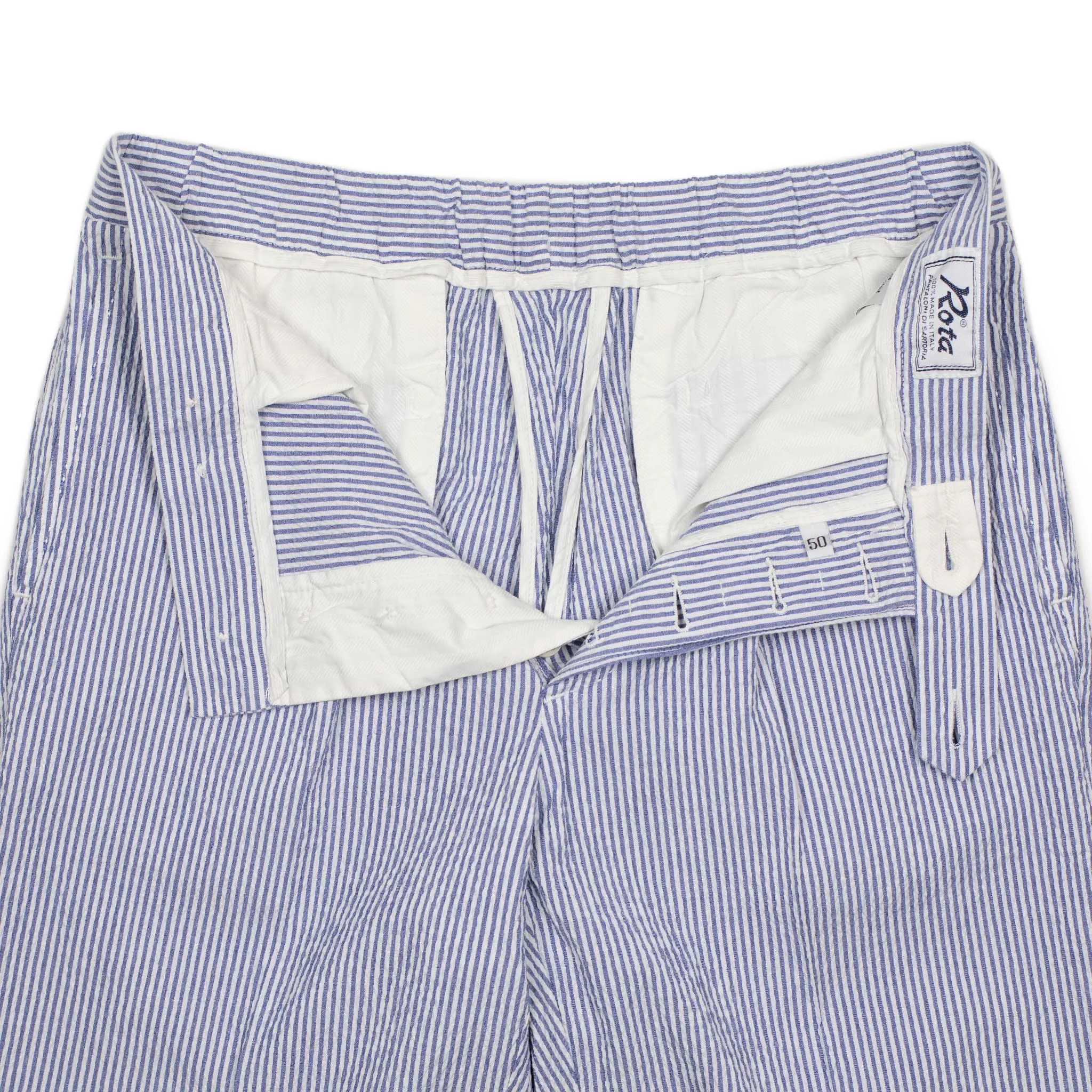 Exclusive single-pleated easy pants in blue cotton seersucker