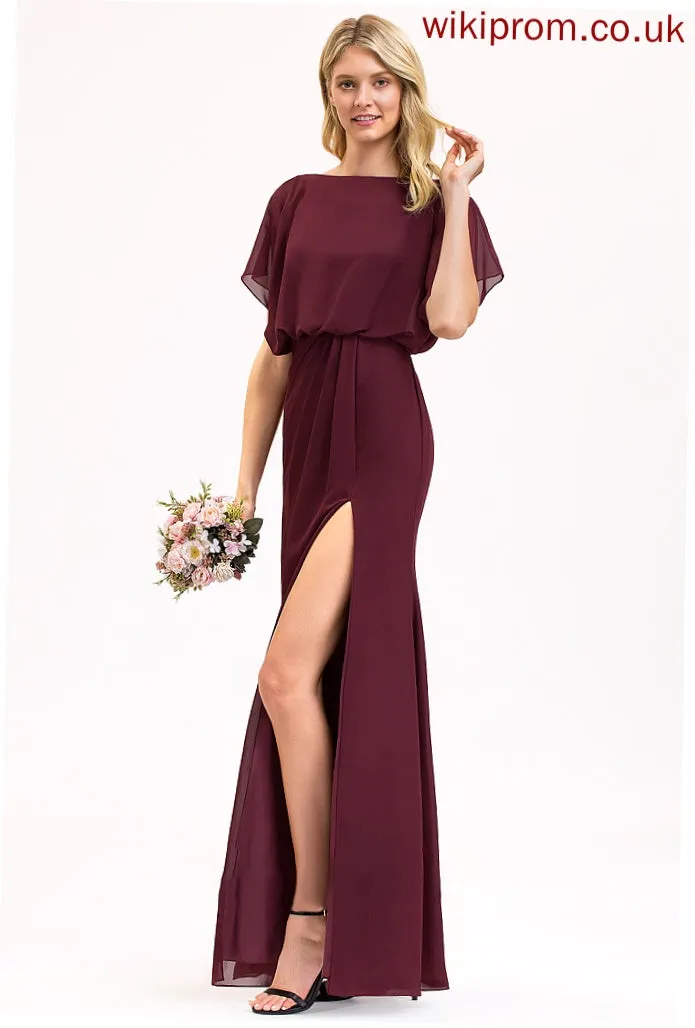 Floor-Length Neckline Sheath/Column Length Fabric Embellishment Ruffle SplitFront ScoopNeck Silhouette Elaine Natural Waist Bridesmaid Dresses