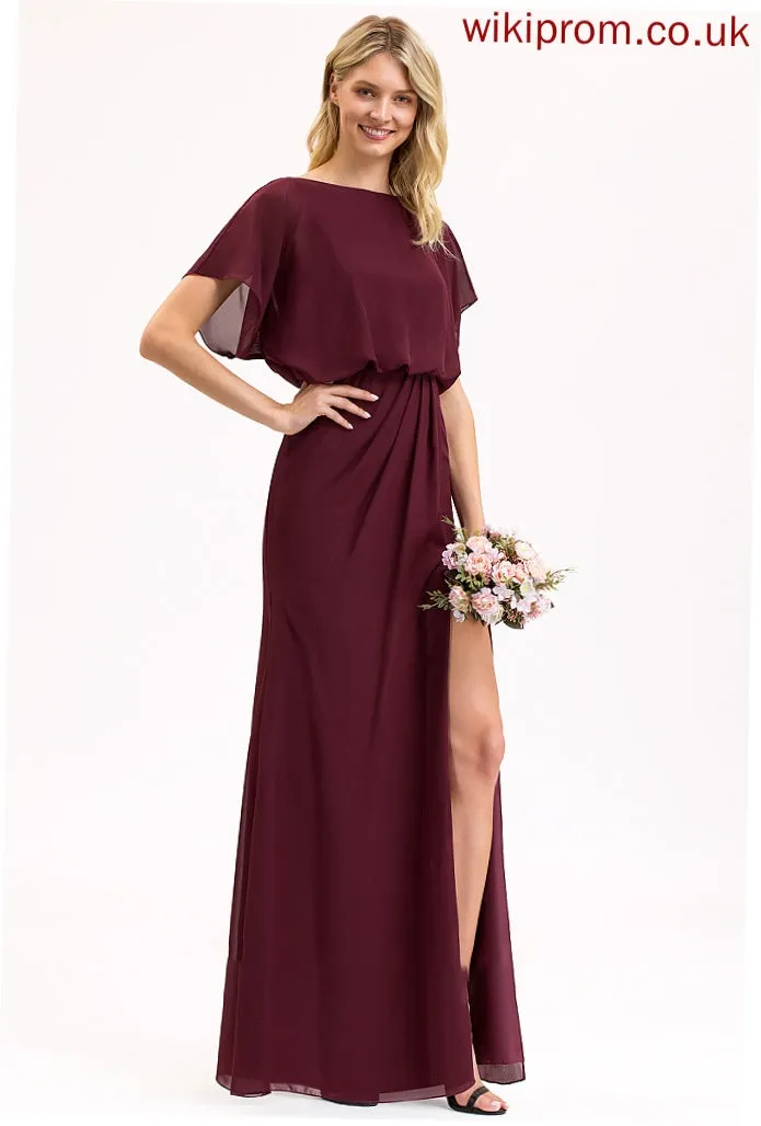 Floor-Length Neckline Sheath/Column Length Fabric Embellishment Ruffle SplitFront ScoopNeck Silhouette Elaine Natural Waist Bridesmaid Dresses