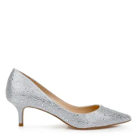 Frenchie - Crystal Embellished Pointed Toe Kitten Heels - Silver