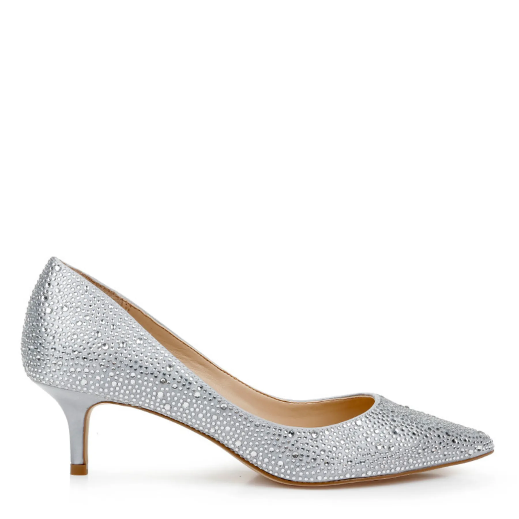 Frenchie - Crystal Embellished Pointed Toe Kitten Heels - Wide Fit - Silver