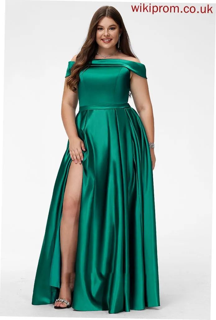 Front Pockets Esmeralda Satin Prom Dresses Floor-Length With Ball-Gown/Princess Split Off-the-Shoulder