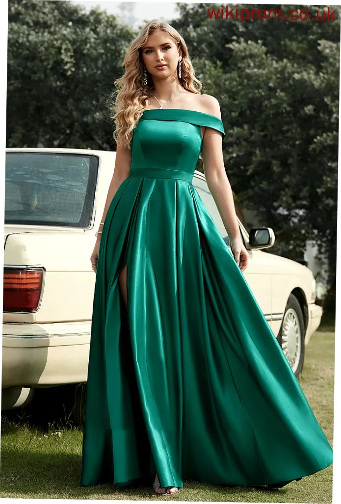 Front Pockets Esmeralda Satin Prom Dresses Floor-Length With Ball-Gown/Princess Split Off-the-Shoulder