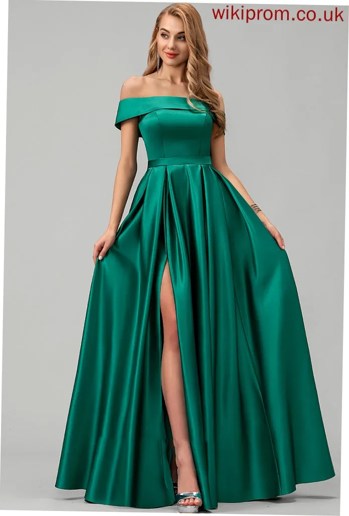 Front Pockets Esmeralda Satin Prom Dresses Floor-Length With Ball-Gown/Princess Split Off-the-Shoulder