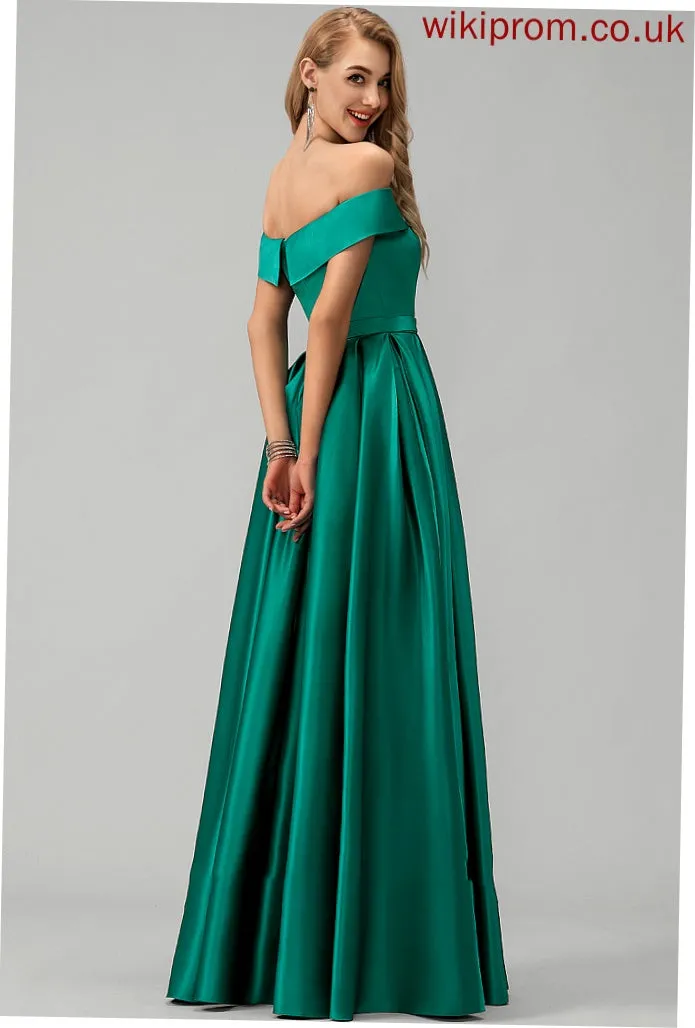 Front Pockets Esmeralda Satin Prom Dresses Floor-Length With Ball-Gown/Princess Split Off-the-Shoulder